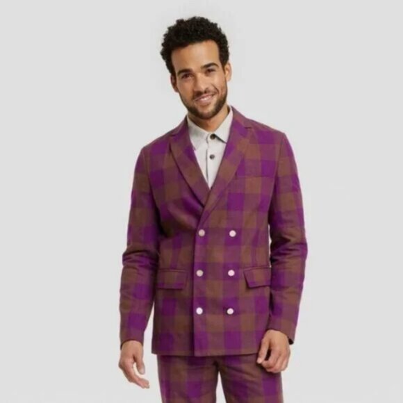 Houston White Adult Holiday Suiting Gingham Checkered Blazer - Purple/Brown XL - Picture 1 of 2